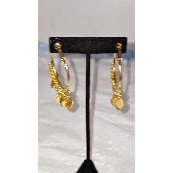 Gold Tone Dangle Drop Earrings Pierced Harem Turkish Style Hoops Elegant Evening - Picture 4 of 8